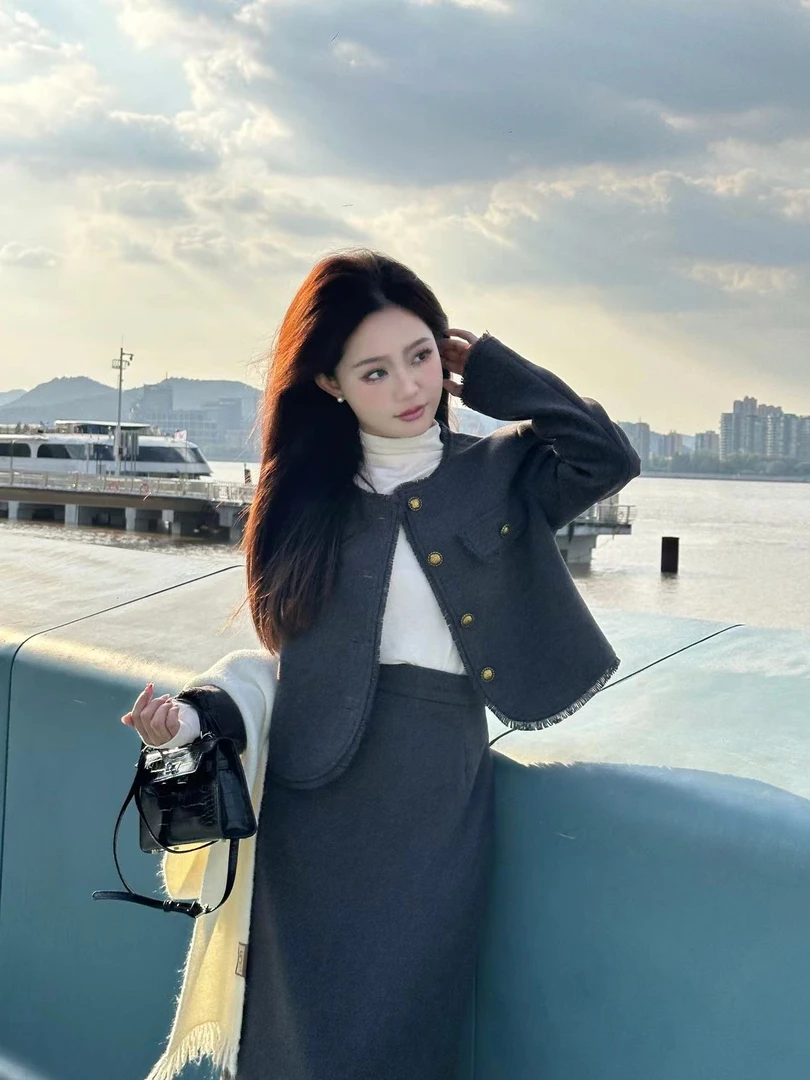 韩版2024秋冬款新款时尚小香风毛呢三件套复古百搭气质休闲