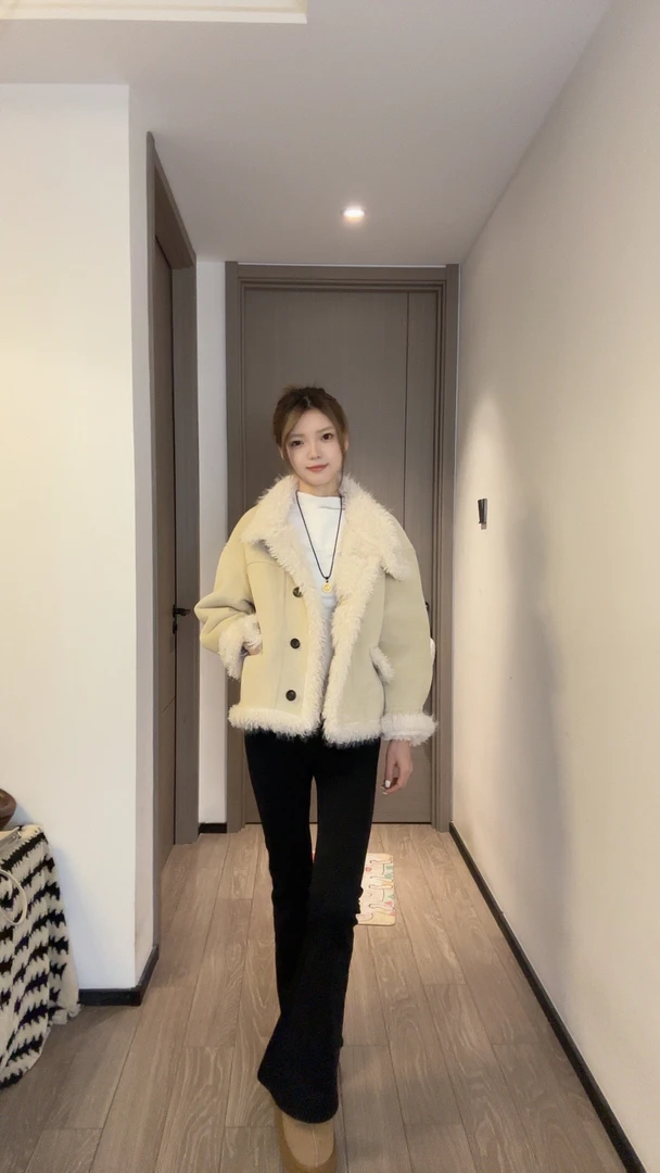 2024冬季新款立领单排扣纯色皮毛一体加厚长袖外套百搭