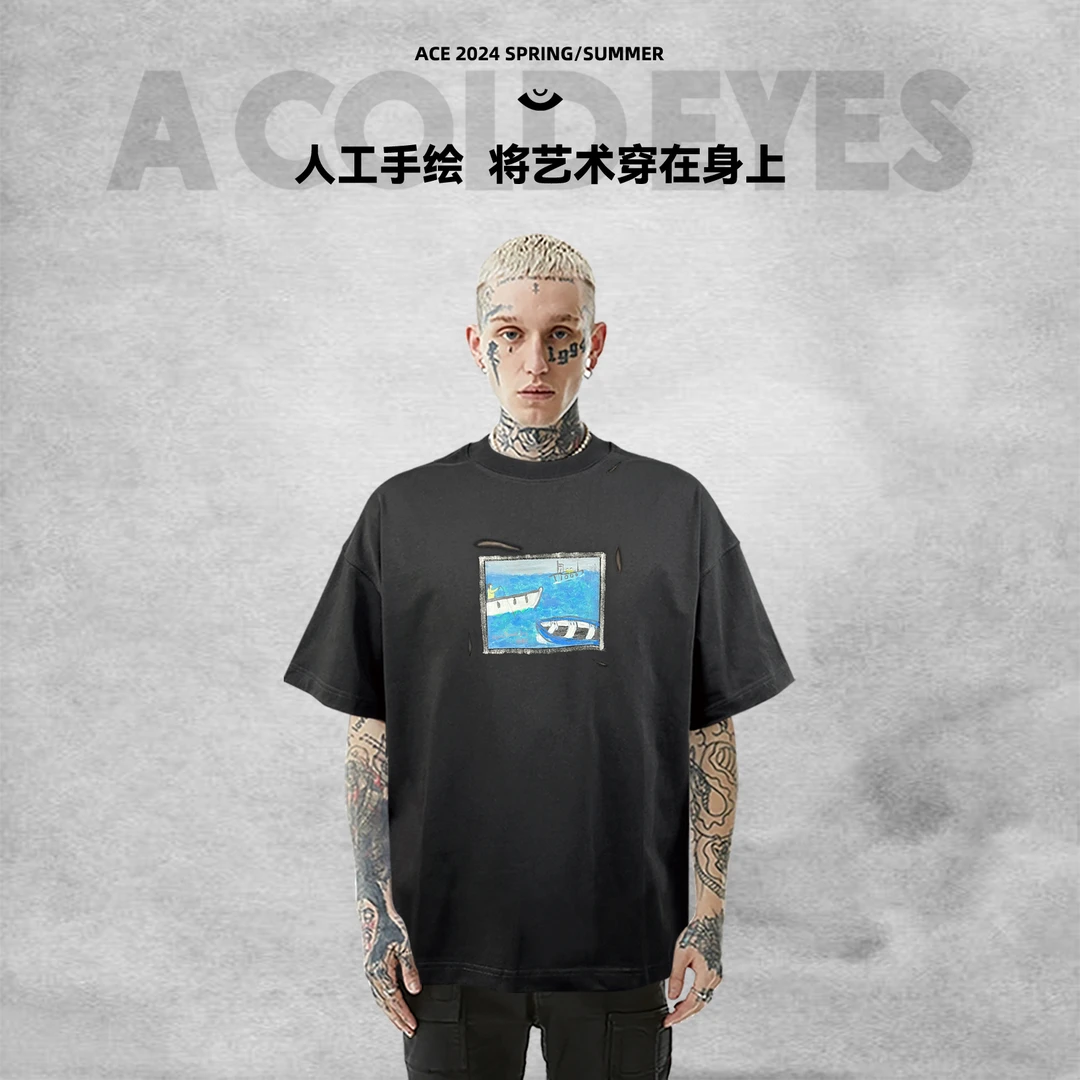 【冷目】300克 重磅美式高街小领口宽松圆领男士短袖T恤