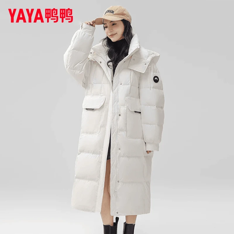 YAYA/鸭鸭羽绒服女长款过膝连帽加厚宽松户外保暖外套YE3B611101A
