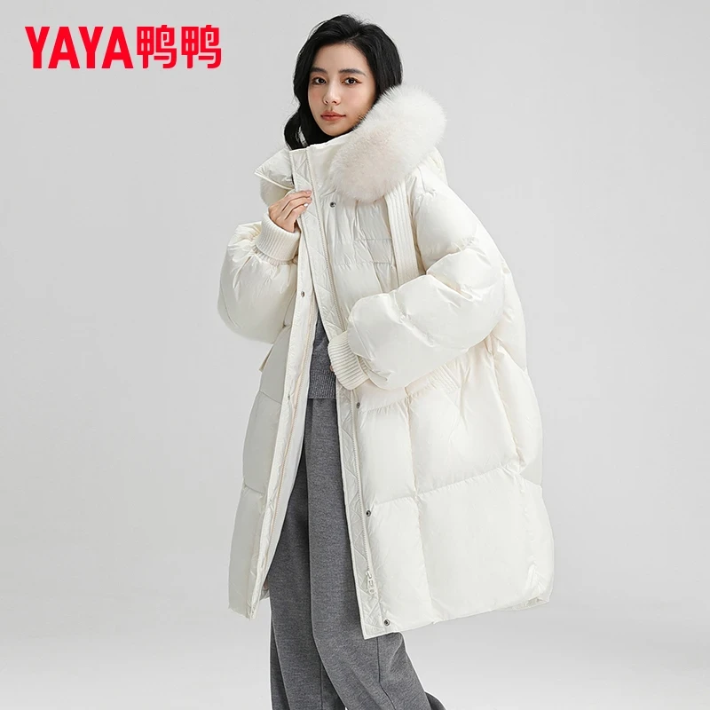 YAYA/鸭鸭羽绒服女长款大毛领狐狸毛加厚宽松保暖外套YE4B605831A