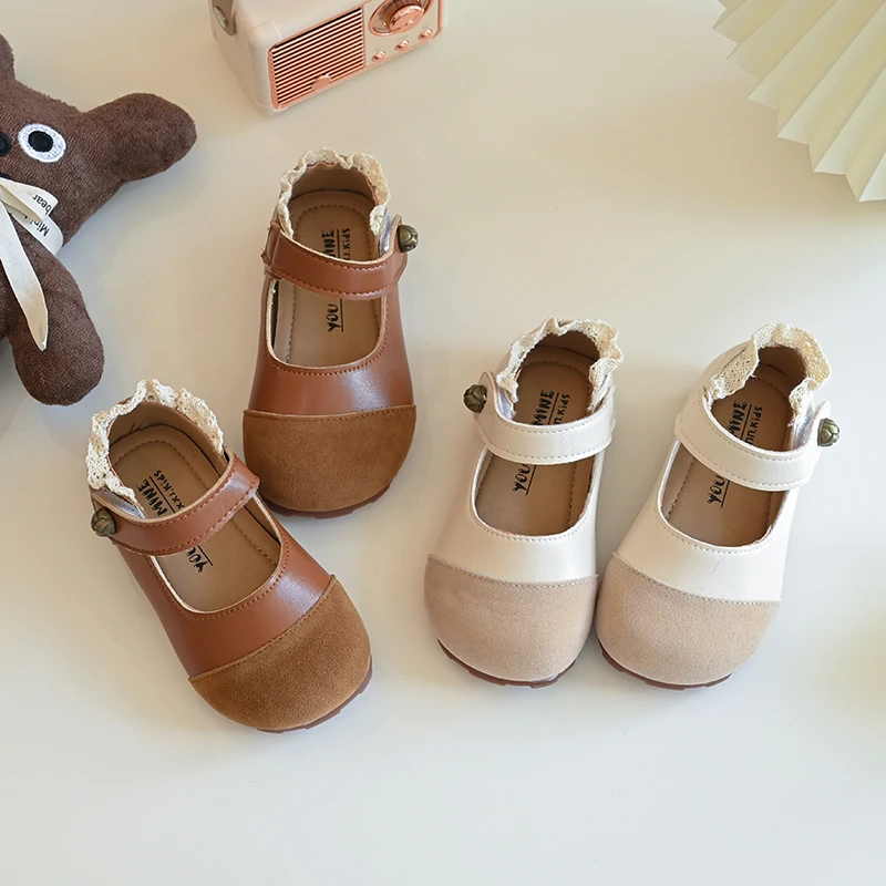 望舒家2024女童韩版蕾丝花边勃肯鞋春秋复古森系软底小皮鞋U50