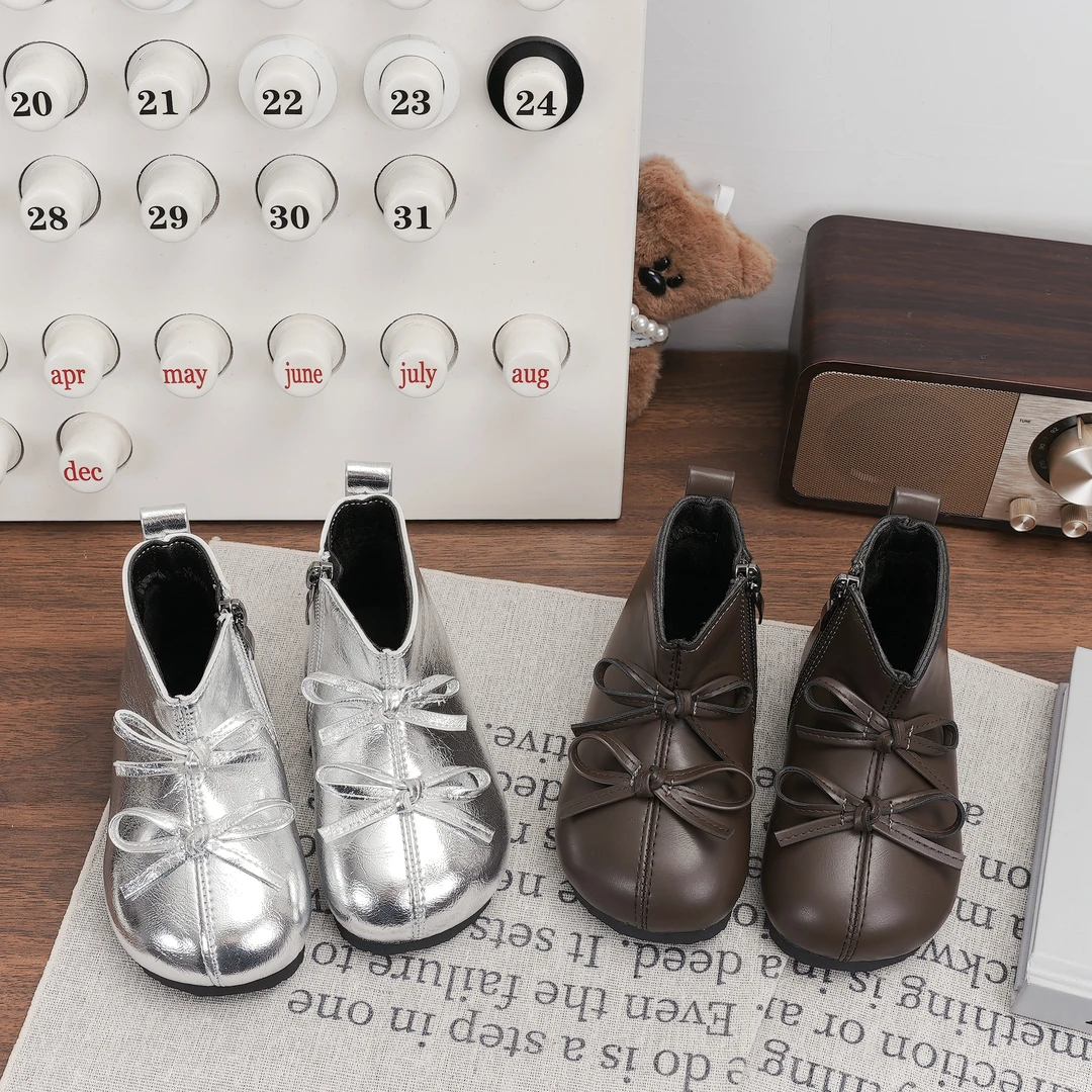 望舒家2024韩版女童马丁靴秋冬季蝴蝶结加绒二棉保暖棉靴2405