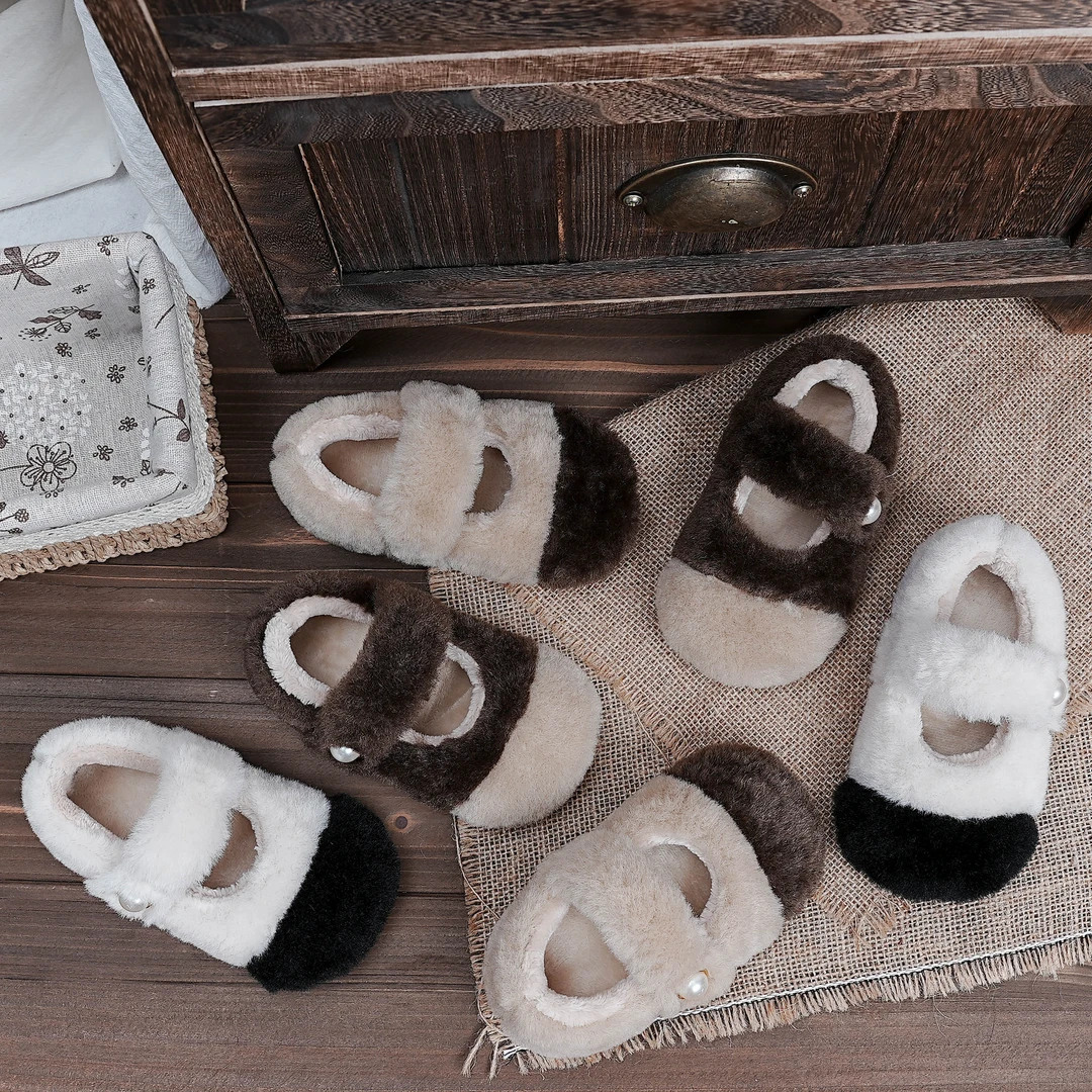 望舒家韩版女童拼接撞色小香风毛毛鞋珍珠加绒保暖儿童软底棉鞋