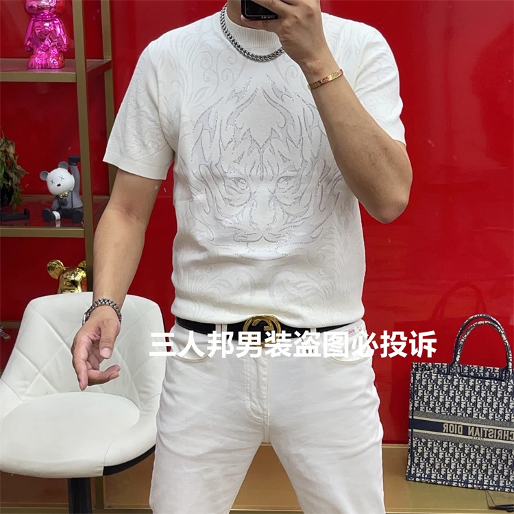 男士秋季山羊绒短袖印花t恤时尚休闲夏季烫钻百搭修身半袖