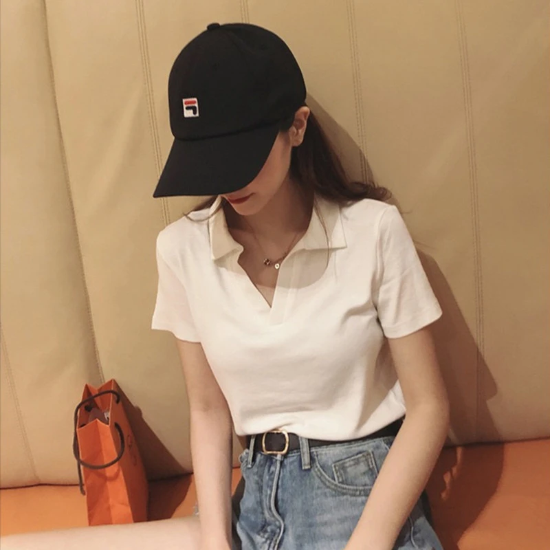 2024夏季新款纯色短袖t恤女ins修身休闲运动翻领polo衫别致上衣