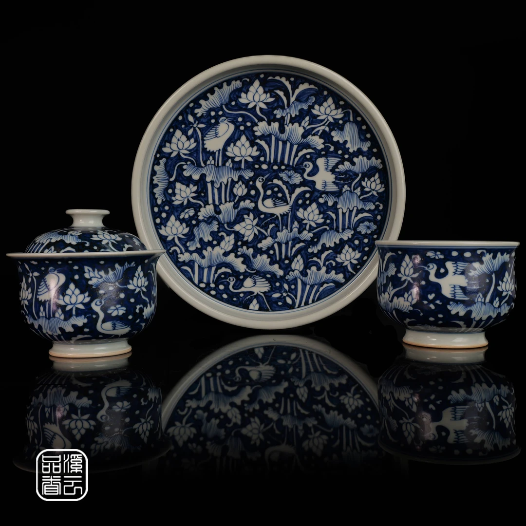 溪云品眷景德镇柴窑手工手绘陶瓷仿元青花一路连科盖碗茶盘主人杯