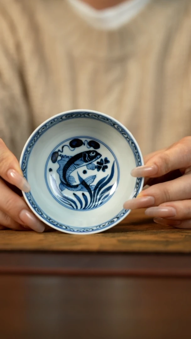【闪购商品】青花鱼藻纹卧足杯