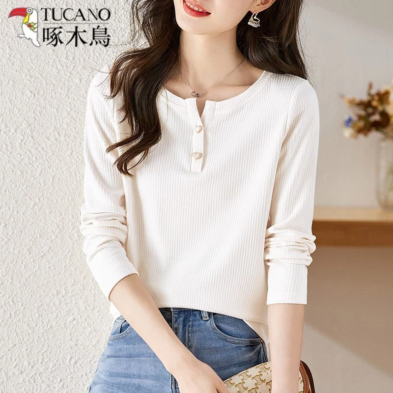 啄木鸟薄款初秋打底衫百搭时尚长袖t恤洋气显瘦内搭小V领上衣女