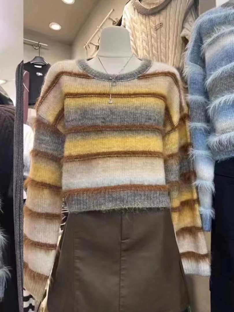 【爱清家】网红撞色条纹短款毛衣女秋冬新款套头宽松慵懒针织衫上衣