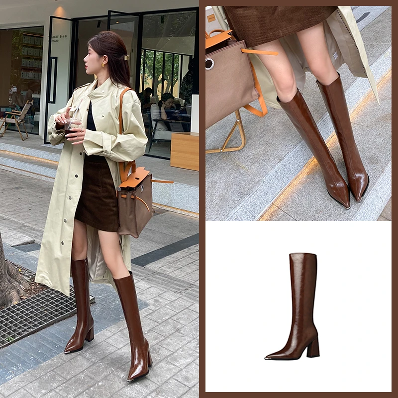 范戈希2023秋冬新款粗跟高跟金属尖头不过膝显瘦时尚时装长筒靴女