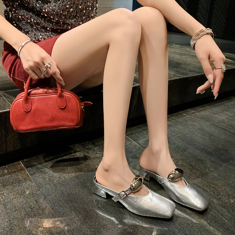 范戈希牛羊皮4CM网红时尚百搭夏季外穿春夏粗跟中跟凉鞋买1赠3