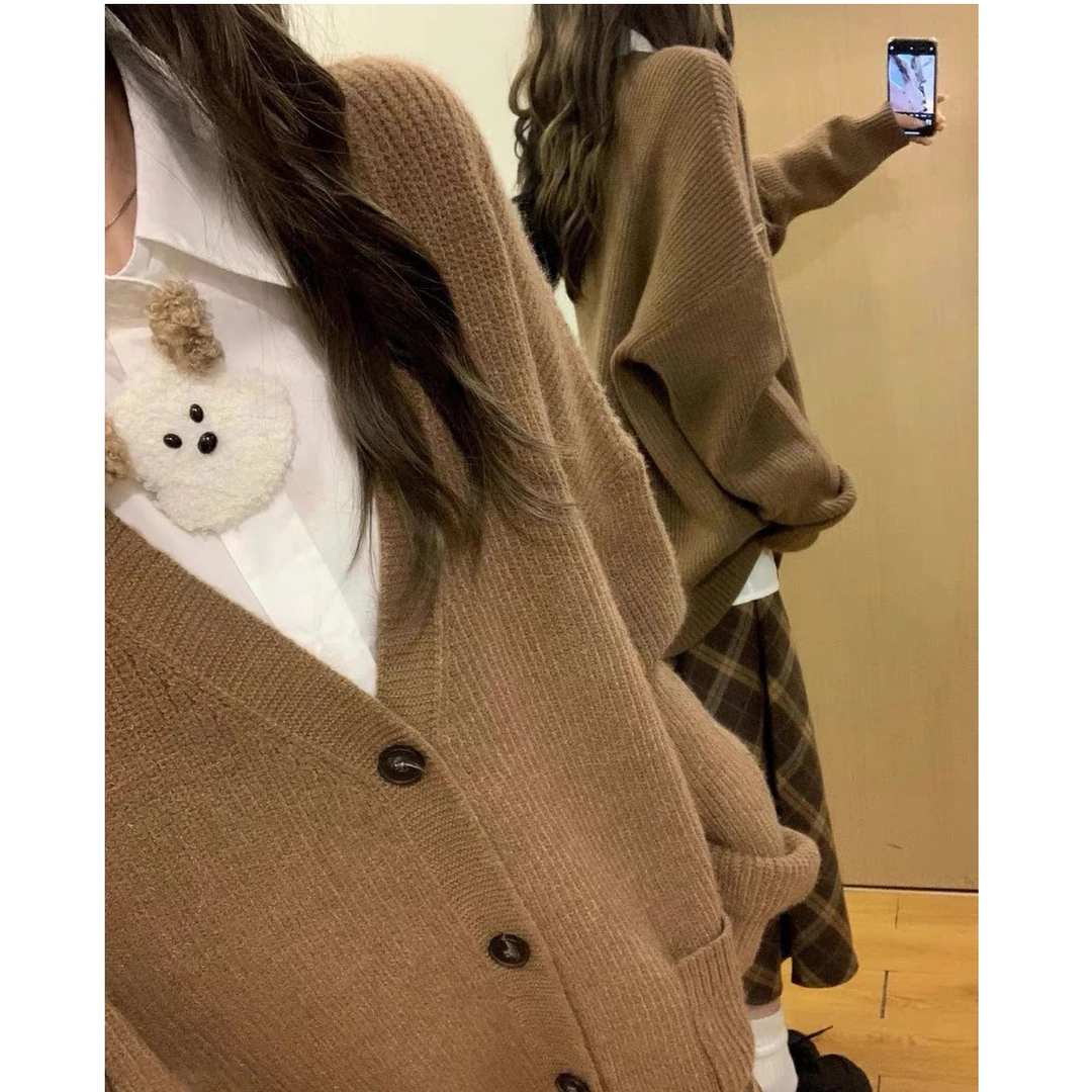 棕色开衫毛衣复古宽松时尚气质显瘦秋冬款棕色针织开衫【13】