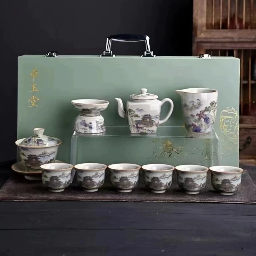 A-74(礼盒装)景秀山河中式功夫茶具青花瓷盖碗茶壶家用茶具套装