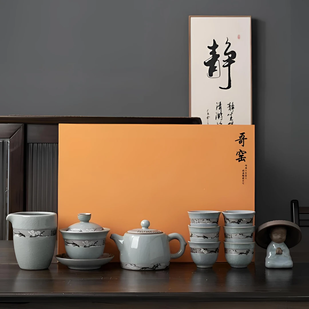 A-44(礼盒装)哥窑百花冰裂旋转盖碗功夫茶具套装陶瓷家用茶壶茶杯