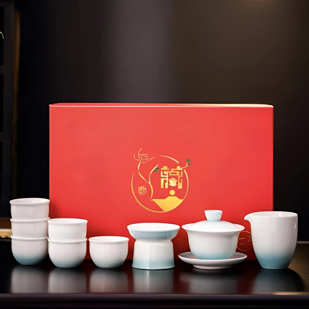 A-57(礼盒装)渐变色羊脂玉茶具套装中式创意家用礼盒装盖碗茶杯