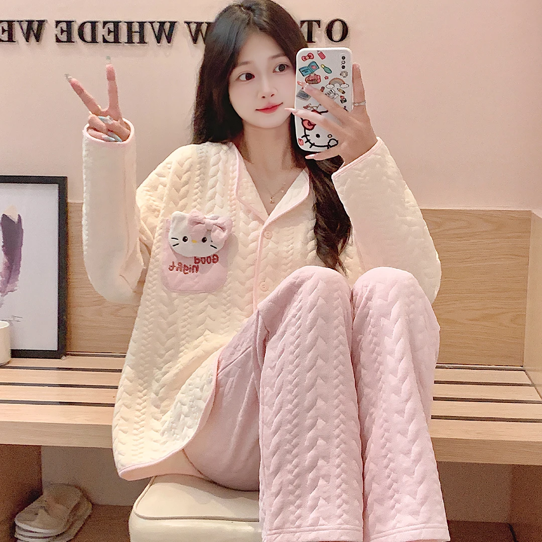 睡衣女春秋冬季夹层空气棉女士睡衣卡通加厚宽松可爱套装家居服