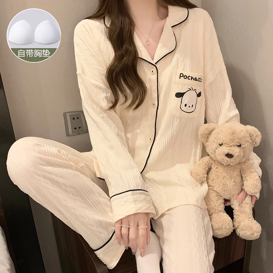 春秋季带胸垫长袖睡衣女卡通韩版宽松女士睡衣开衫家居服套装