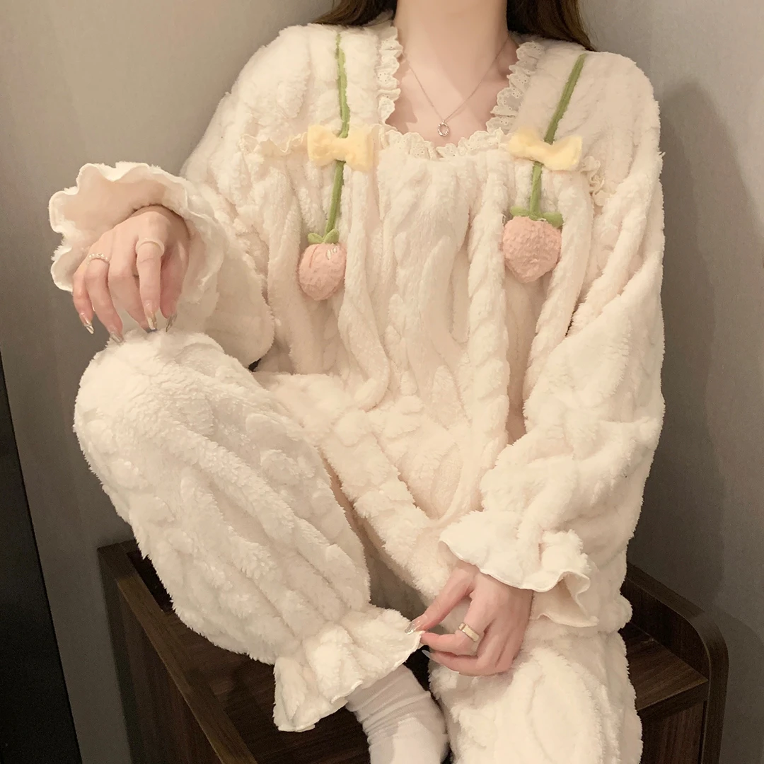 法兰绒睡衣女秋冬季加厚珊瑚绒女士睡衣洋气公主风家居服套装