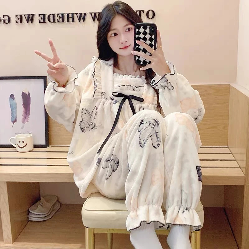 法兰绒睡衣女秋冬季韩版甜美可爱公主风珊瑚绒加厚保暖家居服套装