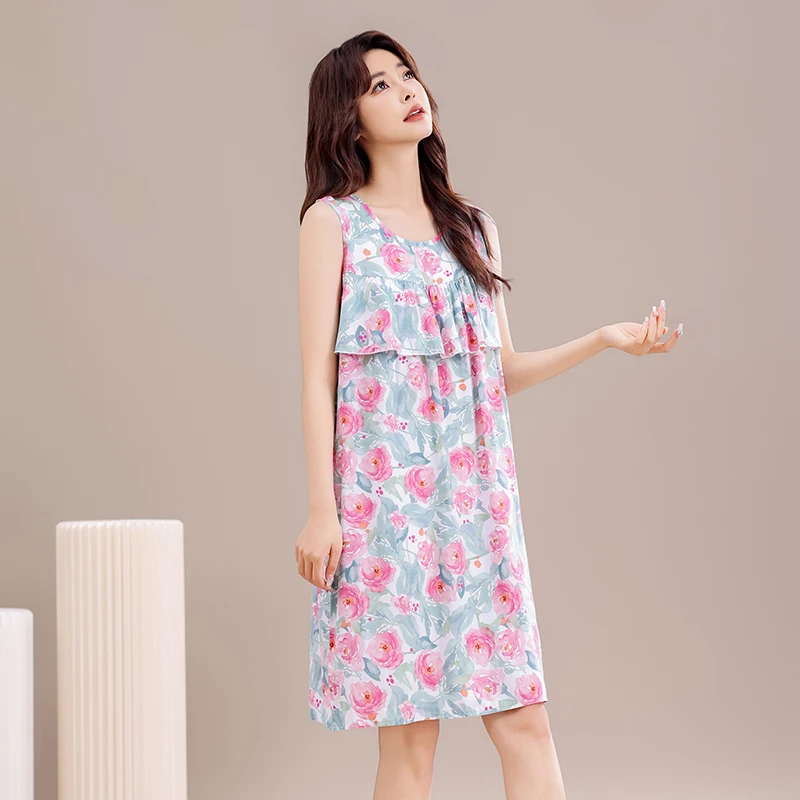 无袖防凸点印花薄款时尚夏季碎花大码夏天女士休闲宽松连衣裙舒适