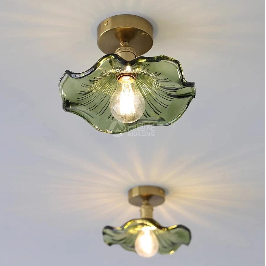 复古绿色荷叶吸顶灯北欧简约餐厅灯具玄关阳台吧台过道黄铜玻璃灯