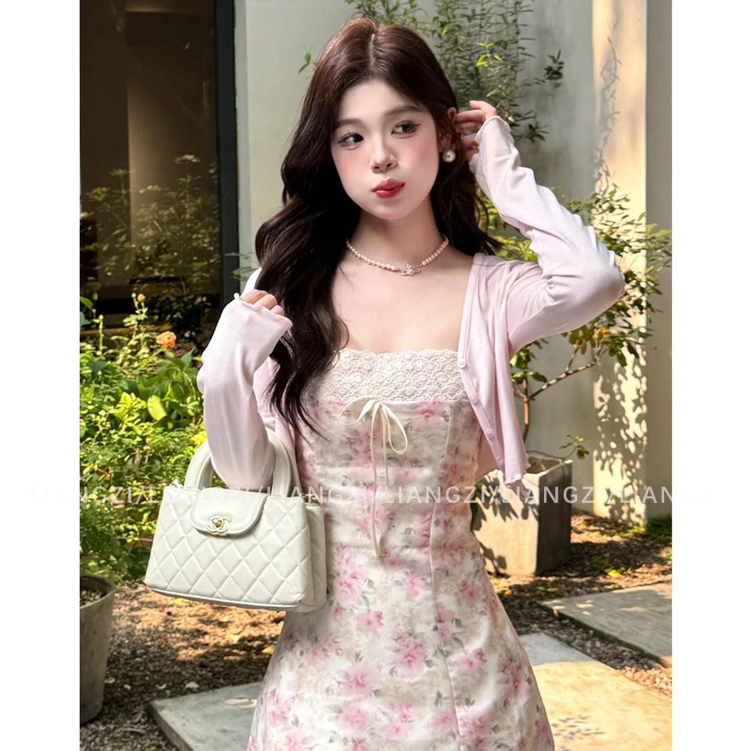 梁子【碎梦花落】高腰碎花裙显瘦夏季方领连衣裙收腰修身吊带款短裙