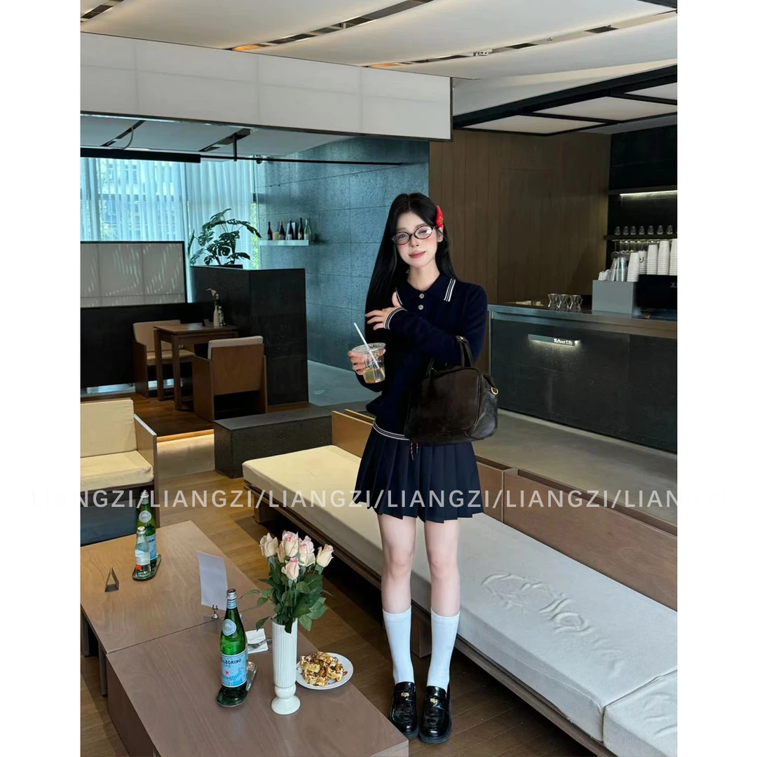 梁子【进阶学姐】学院风长袖POLO领针织T恤秋季软糯修身打底针织衫