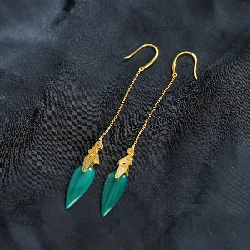 在忆925银绿玛瑙竹叶耳环国风百搭耳饰