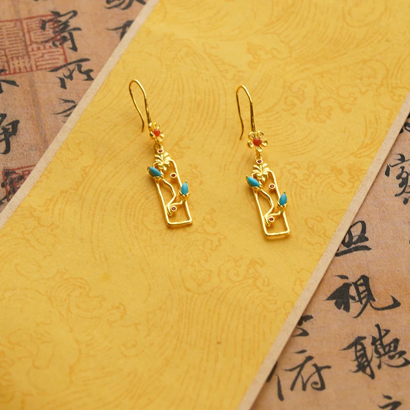 在忆 925银耳饰 手工气质百搭古法民族风精美银镀金耳饰