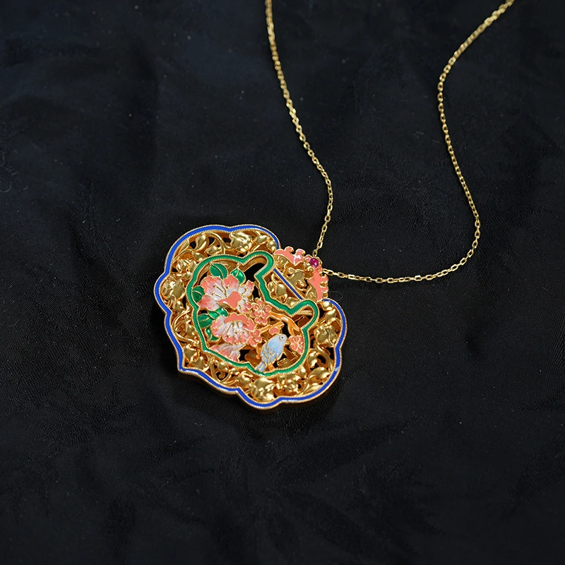 在忆 吊坠925银 国风海棠【花间锁】珐琅银锁包