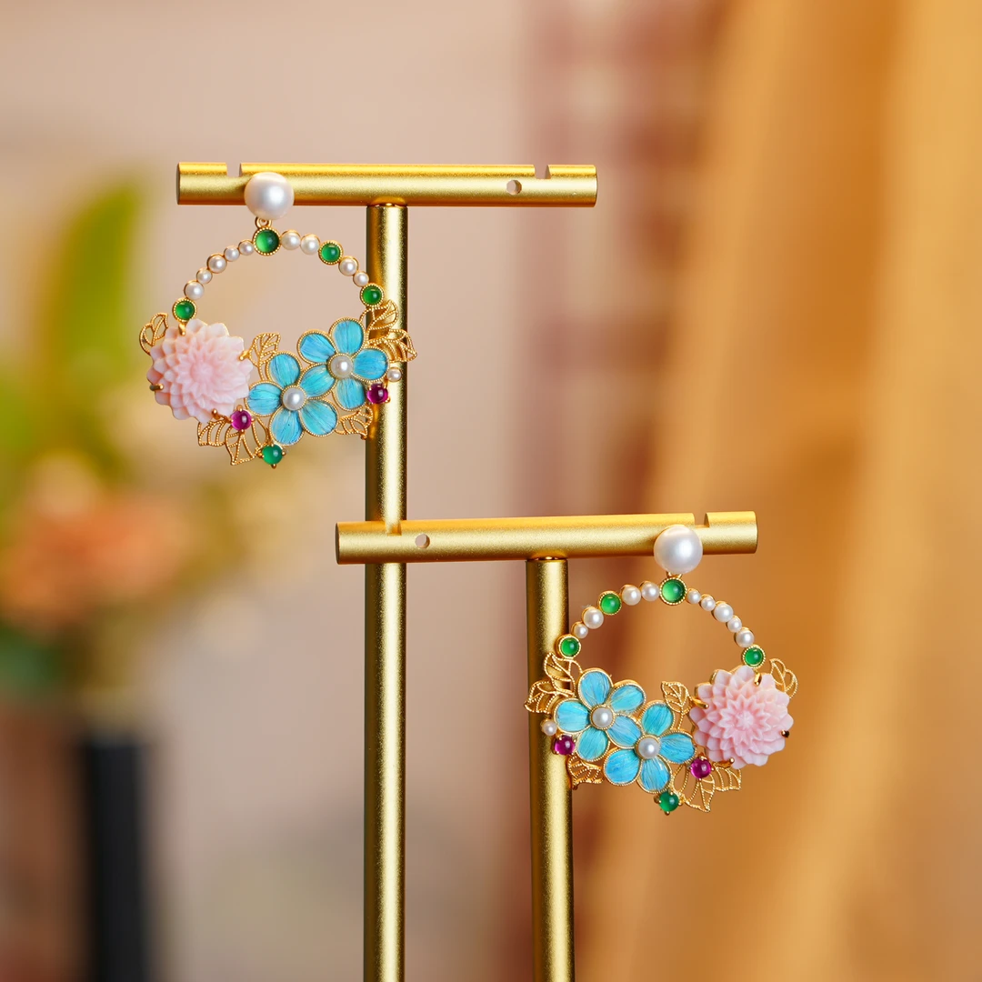 在忆 925银耳饰 小花耳环国风点翠银耳钉