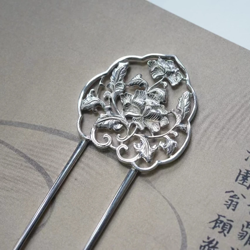 在忆 925银银制品 925纯银錾刻风牡丹门钗绾青丝套装纯银牡丹门钗