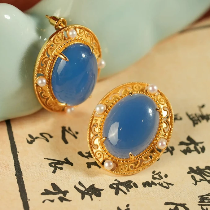 在忆925银【幽梦】国风蓝玛瑙珍珠银耳饰