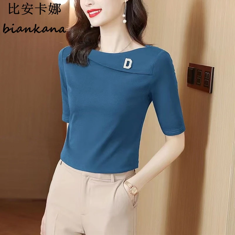 t恤女中袖修身春夏季2025新款时髦洋气小衫别致一字领五分袖上衣