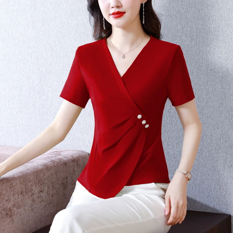 不规则收腰上衣女夏季2025年新款V领修身短袖t恤洋气短款显瘦小衫