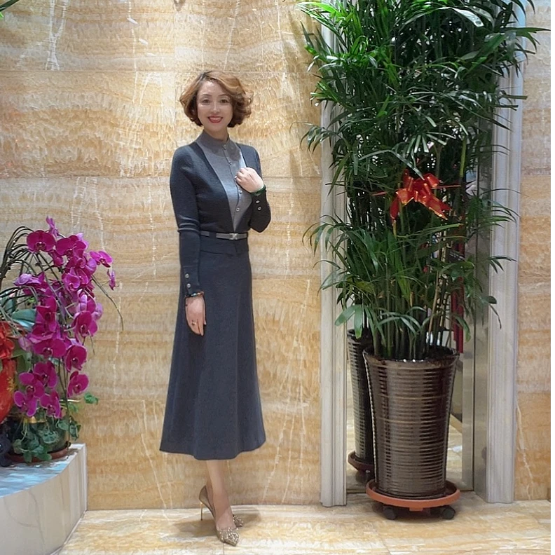 慕天姿120199高端气质女装连衣裙深灰色长袖显瘦中长款春秋冬