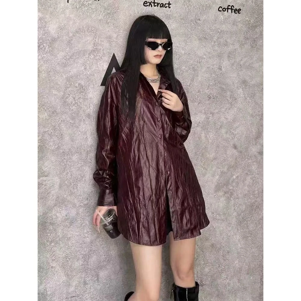 女宽松显瘦休闲港风复古压褶长袖衬衫 7151-1