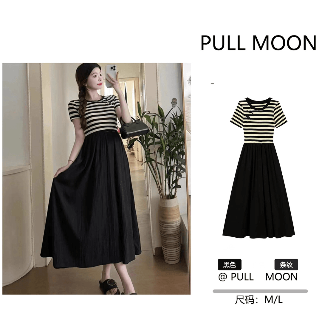 连衣裙2024新款时尚圆领短袖薄款时尚宽松条纹拼接中长款 282-101