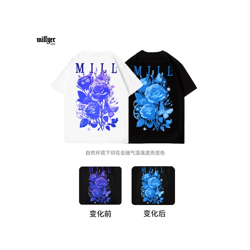 MILLYER重磅新款温感变色蝶园玫瑰玫瑰纯棉宽松情侣短袖t恤男