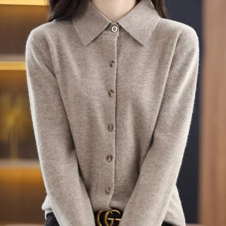 【YUE LING】衬衣领100%羊毛开衫女单排扣长袖秋冬外套