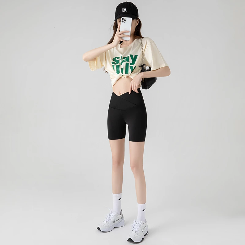 三分交叉腰芭比裤运动短裤女夏季外穿鲨鱼裤薄款高腰提臀收腹裤