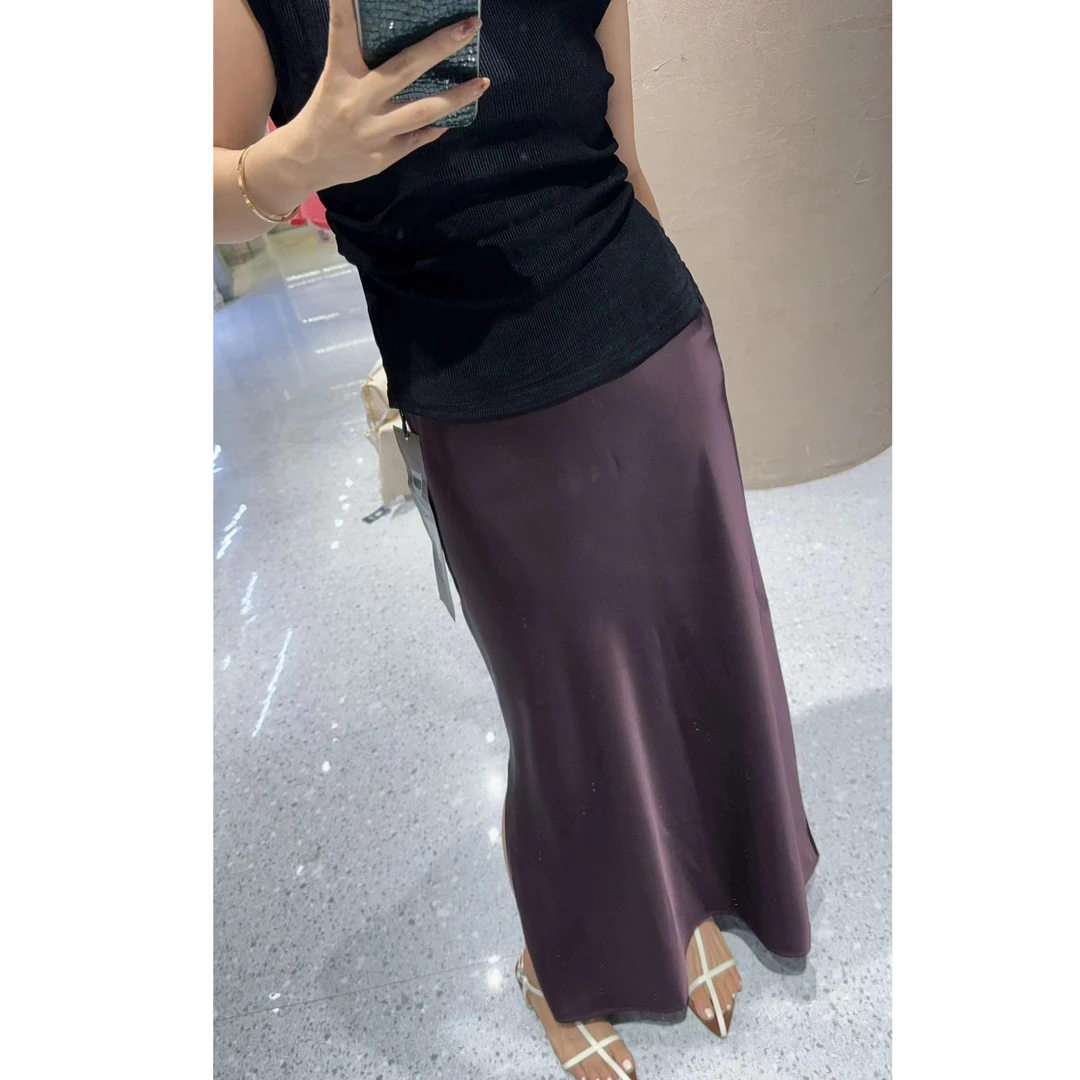 酒红醋酸开叉半裙