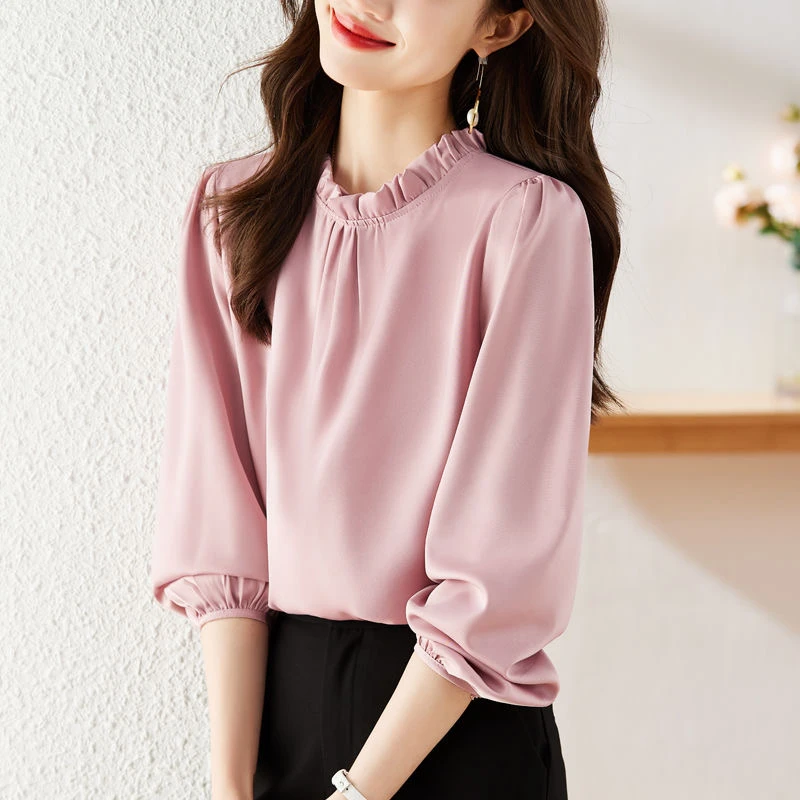 [丽人]秋季新款中长袖碎花妈妈装荷叶领时尚洋气小衫九分袖