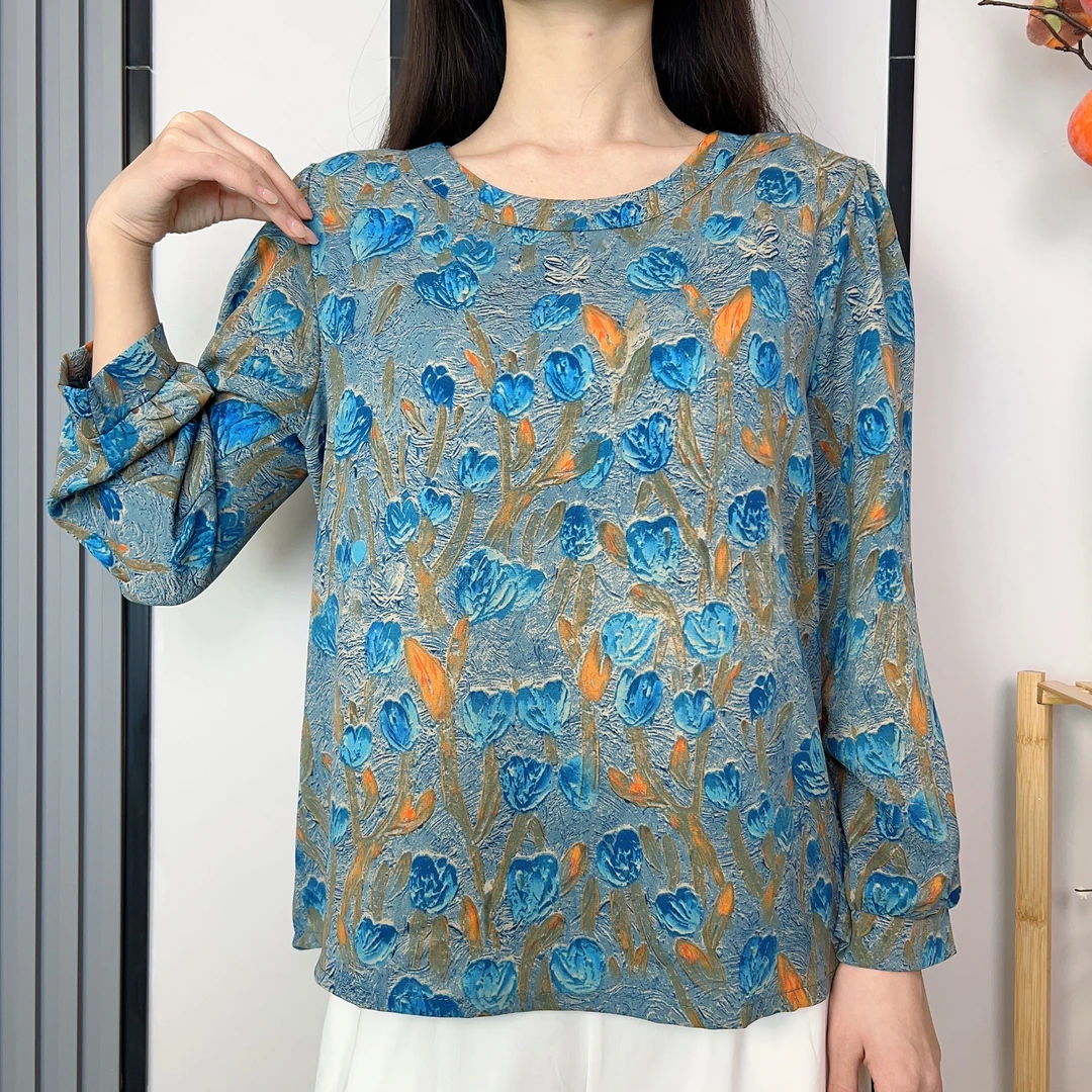 【郁金香】女士时尚长袖百搭印花上衣圆领气质款