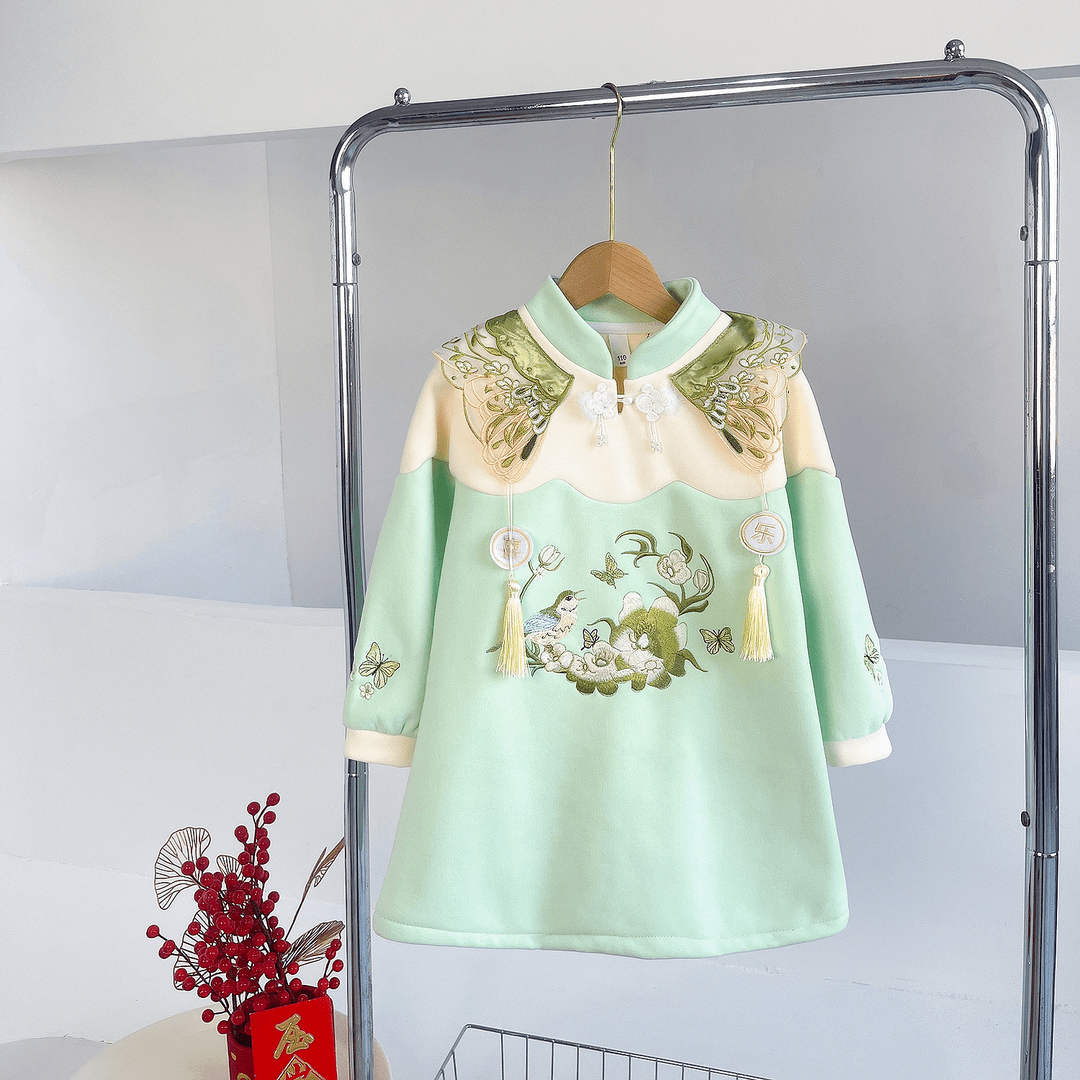 冬款加绒国风复古连衣裙民族风绣花长裙新中式拜年服