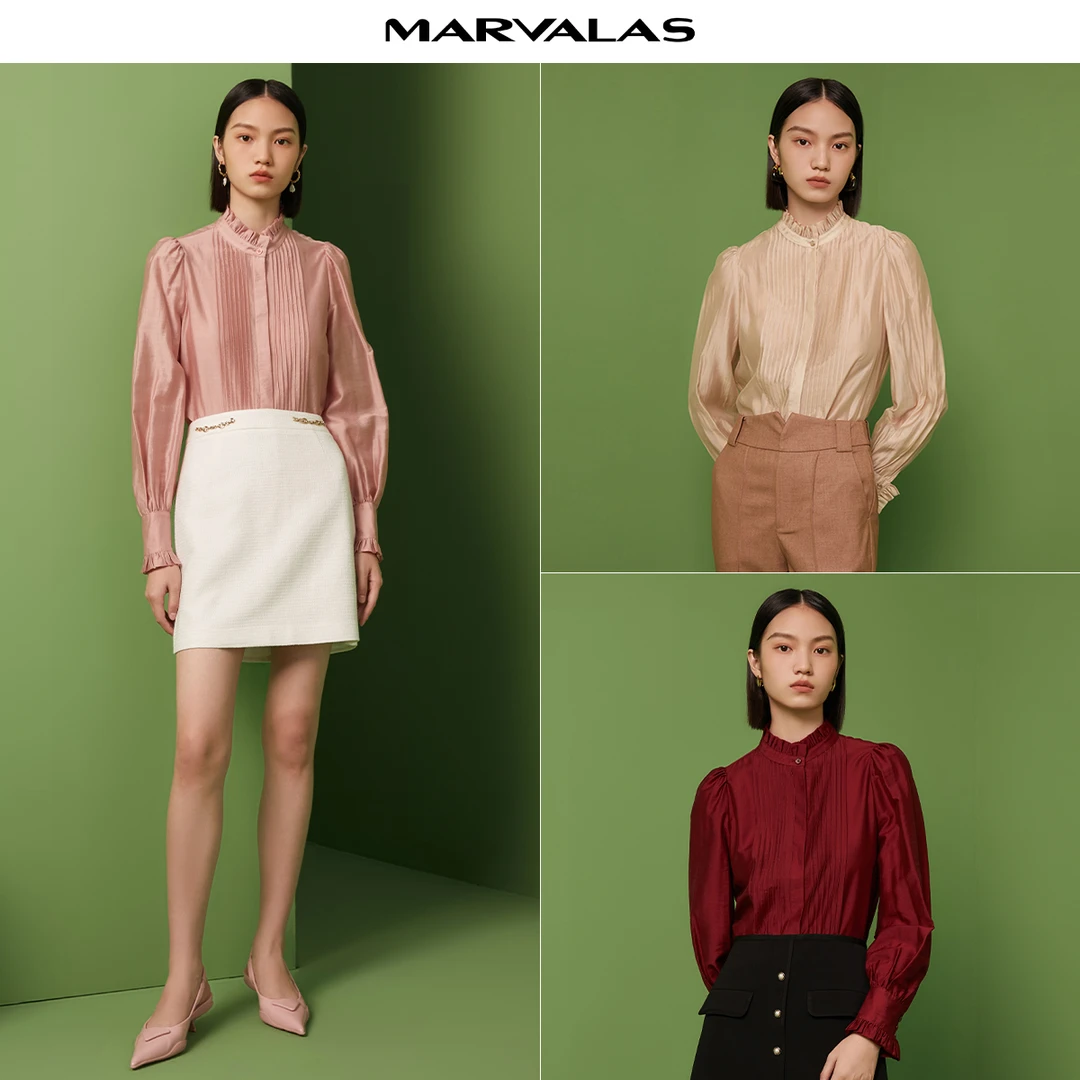 【小余专属】曼德诗莱赛尔衬衫秋季气质风琴褶小立领衬衣M330052