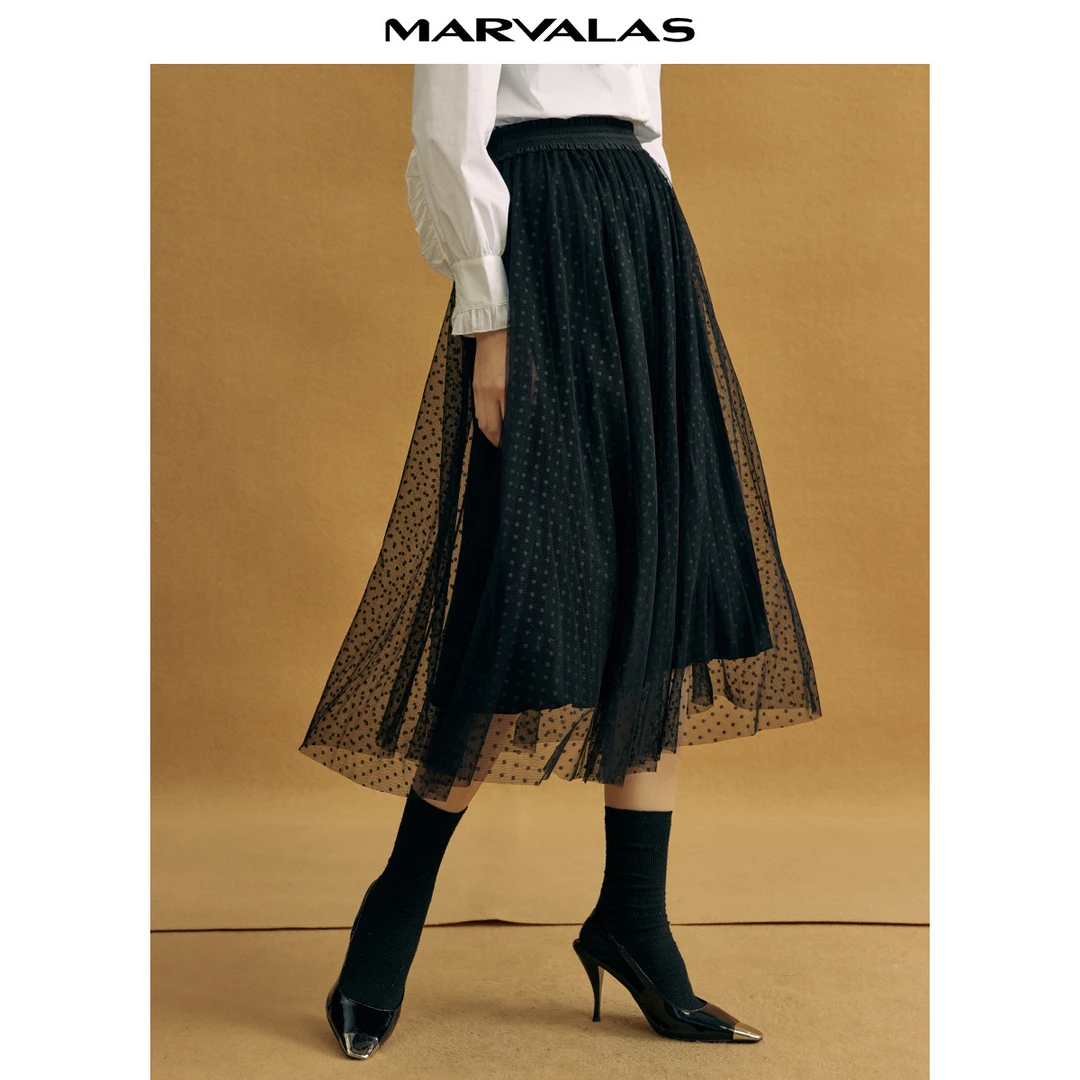 【诗语专属】风琴百褶裙秋季高腰a字气质波点网纱半身裙特卖M230772