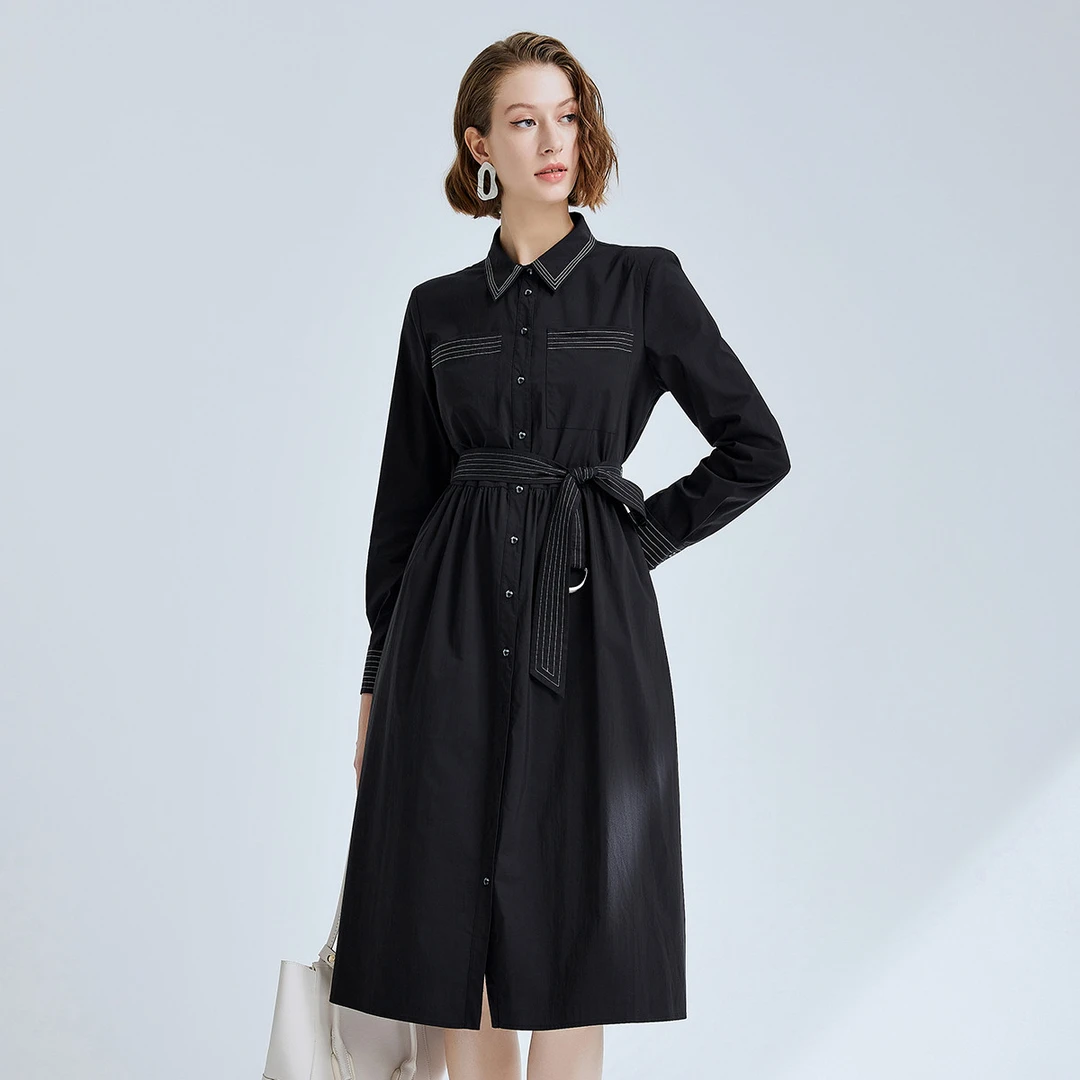 【小余专属】530155-82488优雅连衣裙气质翻领收腰中长款长袖衬衫裙