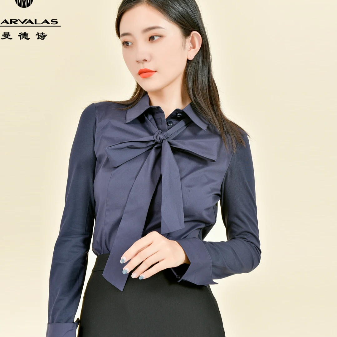 【佳佳】系带蝴蝶结衬衫纯色简约翻领长袖上衣330576-83026